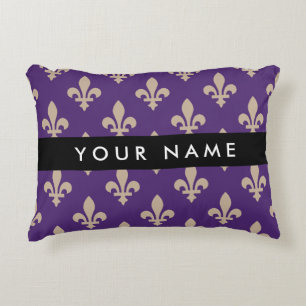 Fleur de Lis, Beige on Purple, Royal, Your Name Decorative Cushion