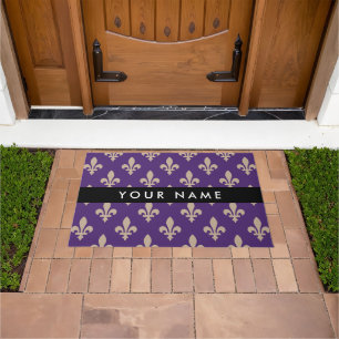 Fleur de Lis, Beige on Purple, Royal, Your Name Doormat