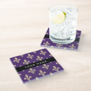 Fleur de Lis, Beige on Purple, Royal, Your Name Glass Coaster