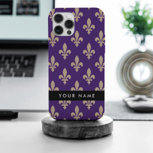 Fleur de Lis, Beige on Purple, Royal, Your Name iPhone 15 Pro Max Case