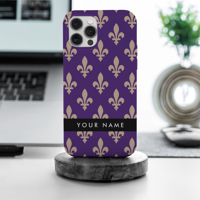 Fleur de Lis, Beige on Purple, Royal, Your Name iPhone Case (Creator Uploaded)