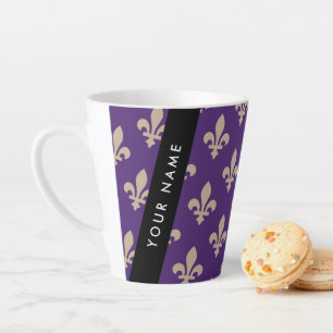 Fleur de Lis, Beige on Purple, Royal, Your Name Latte Mug
