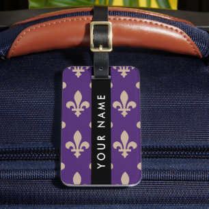 Fleur de Lis, Beige on Purple, Royal, Your Name Luggage Tag