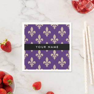 Fleur de Lis, Beige on Purple, Royal, Your Name Napkin