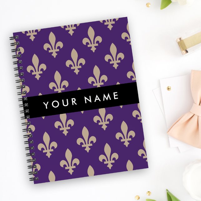 Fleur de Lis, Beige on Purple, Royal, Your Name Notebook (Creator Uploaded)