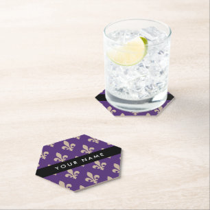 Fleur de Lis, Beige on Purple, Royal, Your Name Paper Coaster