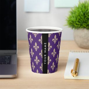 Fleur de Lis, Beige on Purple, Royal, Your Name Paper Cups
