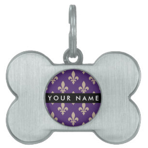 Fleur de Lis, Beige on Purple, Royal, Your Name Pet ID Tag