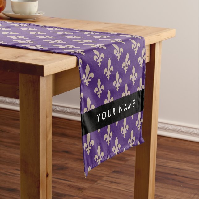 Fleur de Lis, Beige on Purple, Royal, Your Name Short Table Runner (In Situ)