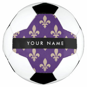 Fleur de Lis, Beige on Purple, Royal, Your Name Soccer Ball