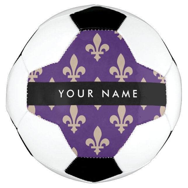 Fleur de Lis, Beige on Purple, Royal, Your Name Soccer Ball (Front)
