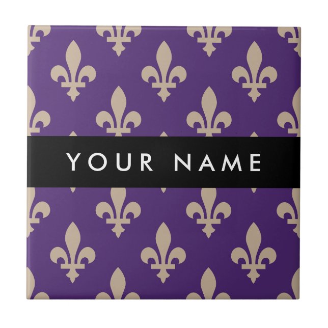 Fleur de Lis, Beige on Purple, Royal, Your Name Tile (Front)