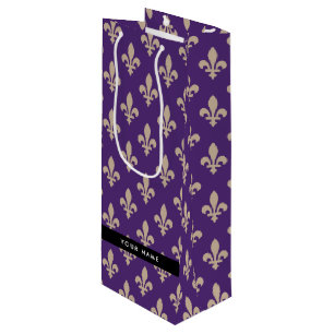 Fleur de Lis, Beige on Purple, Royal, Your Name Wine Gift Bag
