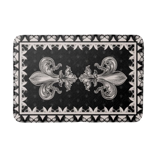 Fleur-de-lis - Black and Cream Bath Mat (Front)