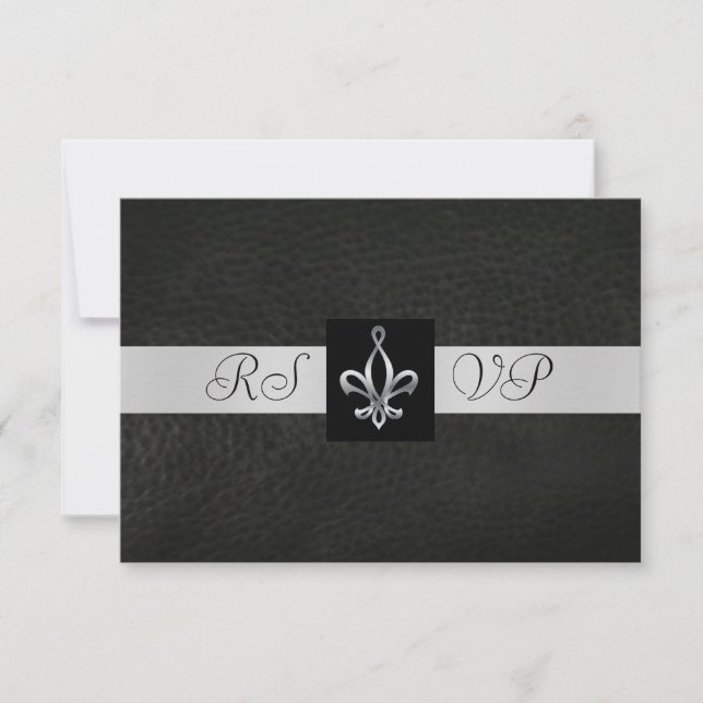 Fleur De Lis Black Leather  RSVP Reply Invitation (Front)
