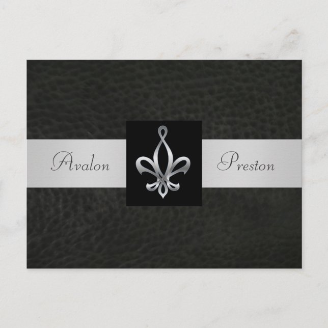 Fleur De Lis Black Leather Save The Date Postcard (Front)