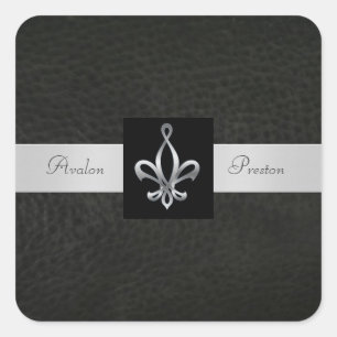 Fleur De Lis Black Leather Square Wedding Sticker