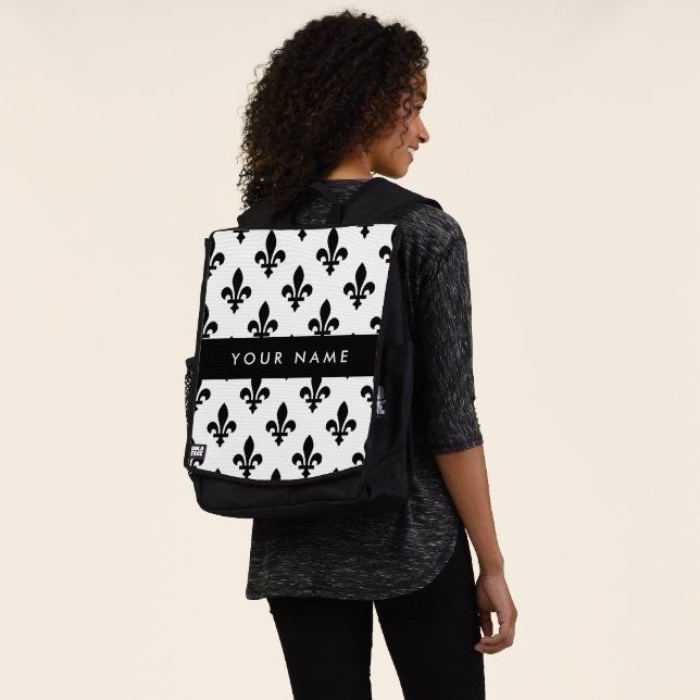 Fleur de Lis, Black on White, Black, Your Name Backpack (Worn)
