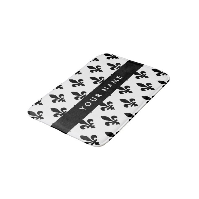Fleur de Lis, Black on White, Black, Your Name Bath Mat (Angled)