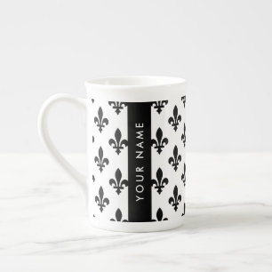 Fleur de Lis, Black on White, Black, Your Name Bone China Mug