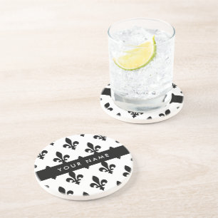 Fleur de Lis, Black on White, Black, Your Name Coaster
