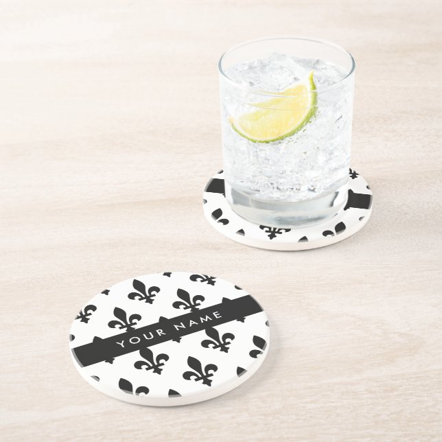 Fleur de Lis, Black on White, Black, Your Name Coaster (Side)