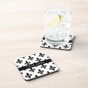 Fleur de Lis, Black on White, Black, Your Name Coaster