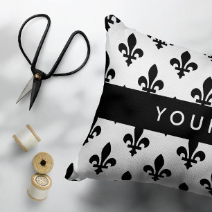 Fleur de Lis, Black on White, Black, Your Name Decorative Cushion