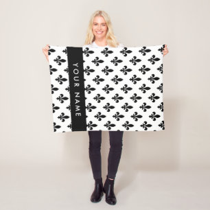 Fleur de Lis, Black on White, Black, Your Name Fleece Blanket