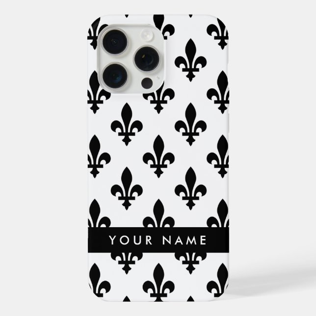Fleur de Lis, Black on White, Black, Your Name iPhone Case (Back)