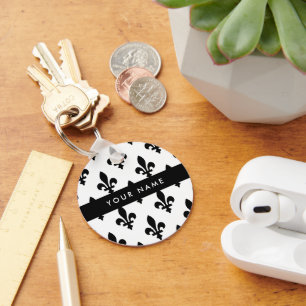 Fleur de Lis, Black on White, Black, Your Name Key Ring