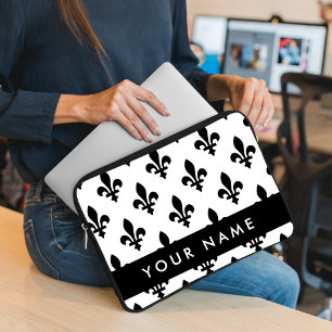 Fleur de Lis, Black on White, Black, Your Name Laptop Sleeve