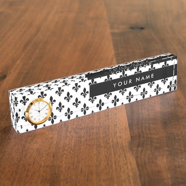 Fleur de Lis, Black on White, Black, Your Name Nameplate (Side)