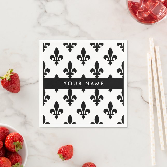 Fleur de Lis, Black on White, Black, Your Name Napkin (Insitu)