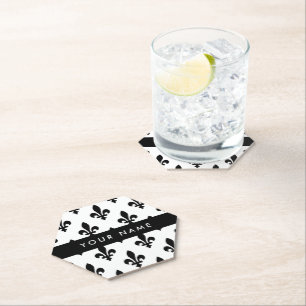 Fleur de Lis, Black on White, Black, Your Name Paper Coaster