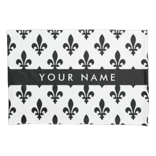 Fleur de Lis, Black on White, Black, Your Name Pillowcase