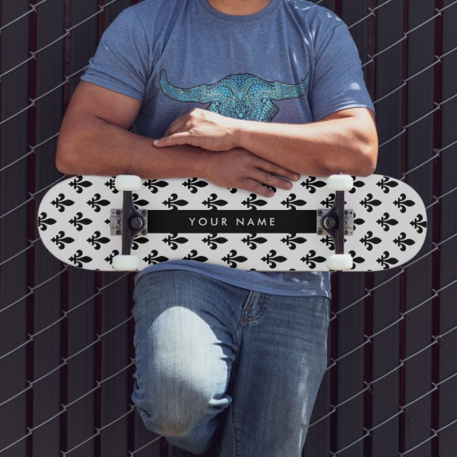 Fleur de Lis, Black on White, Black, Your Name Skateboard (Outdoor 3)
