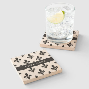 Fleur de Lis, Black on White, Black, Your Name Stone Coaster