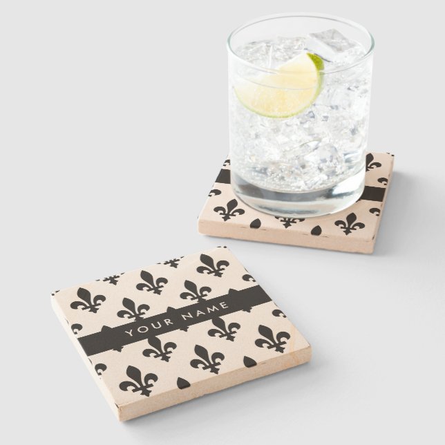 Fleur de Lis, Black on White, Black, Your Name Stone Coaster (Side)
