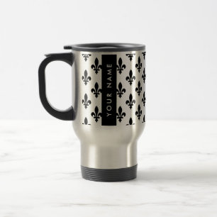 Fleur de Lis, Black on White, Black, Your Name Travel Mug