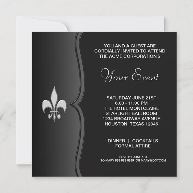 Fleur De Lis Black Tie Corporate Party Invitation (Front)
