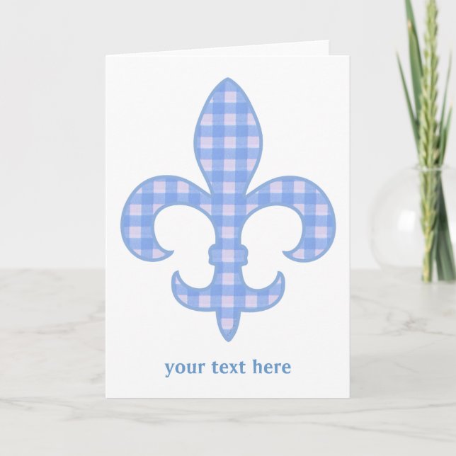 Fleur de lis Blue Gingham Greeting Card (Front)