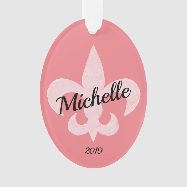 Fleur de Lis Blush/Coral Personalized Ornament (Front)