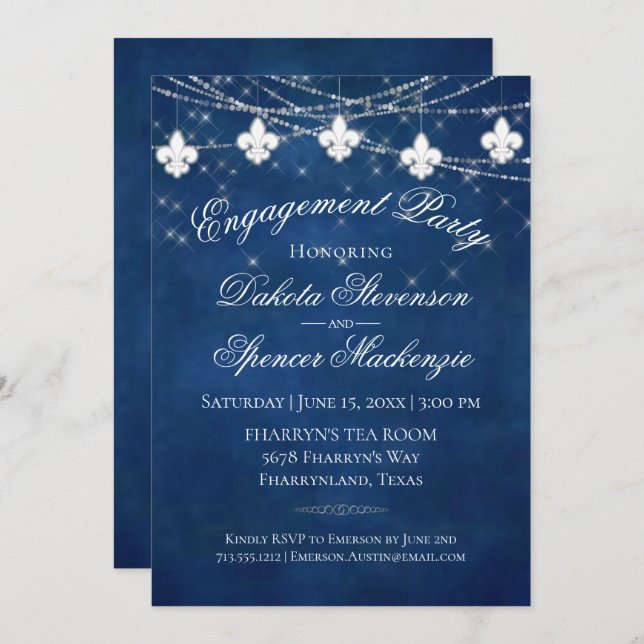 Fleur de Lis Classic Blue Light | Engagement Party Invitation (Front/Back)