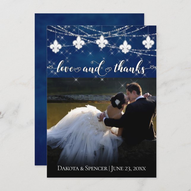 Fleur de Lis Classic Blue Lights | Photo Love and Thank You Card (Front/Back)