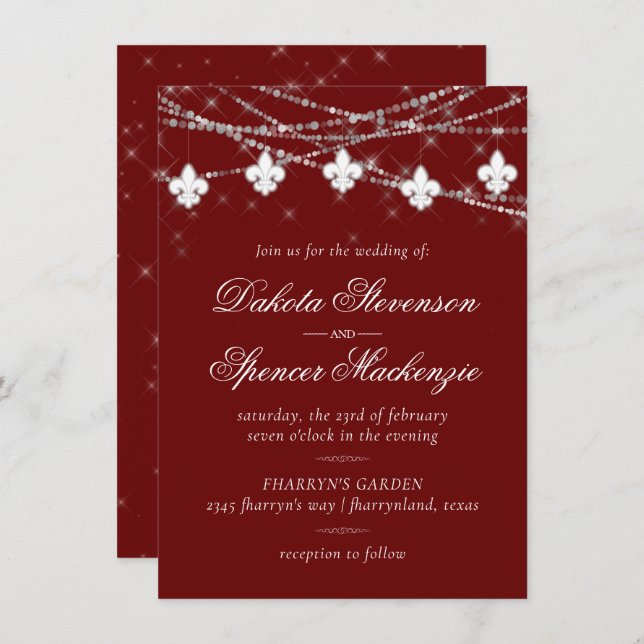 Fleur de Lis Dark Red Lights | Crimson Wedding Invitation (Front/Back)