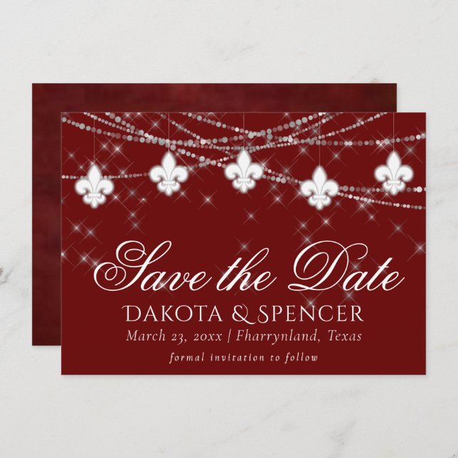 Fleur de Lis Dark Red Lights | Elegant Crimson Save The Date (Front/Back)