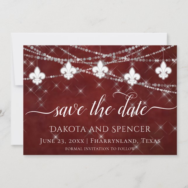 Fleur de Lis Dark Red Lights | Elegant Wedding Save The Date (Front)