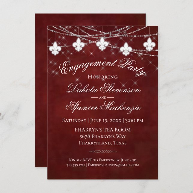Fleur de Lis Dark Red Lights | Engagement Party Invitation (Front/Back)