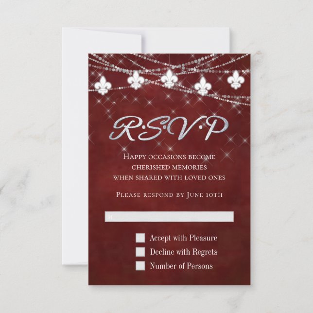 Fleur de Lis Dark Red Lights | Moody Crimson RSVP Card (Front)